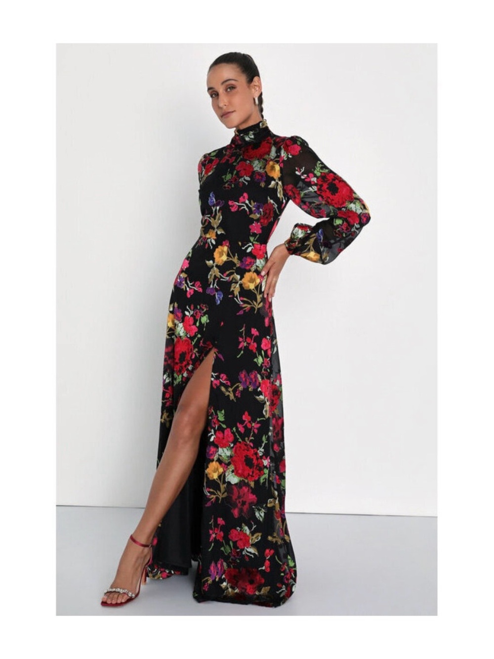 Lulu's Black Floral High-Neck Maxi Dress with Red & Yellow Blooms